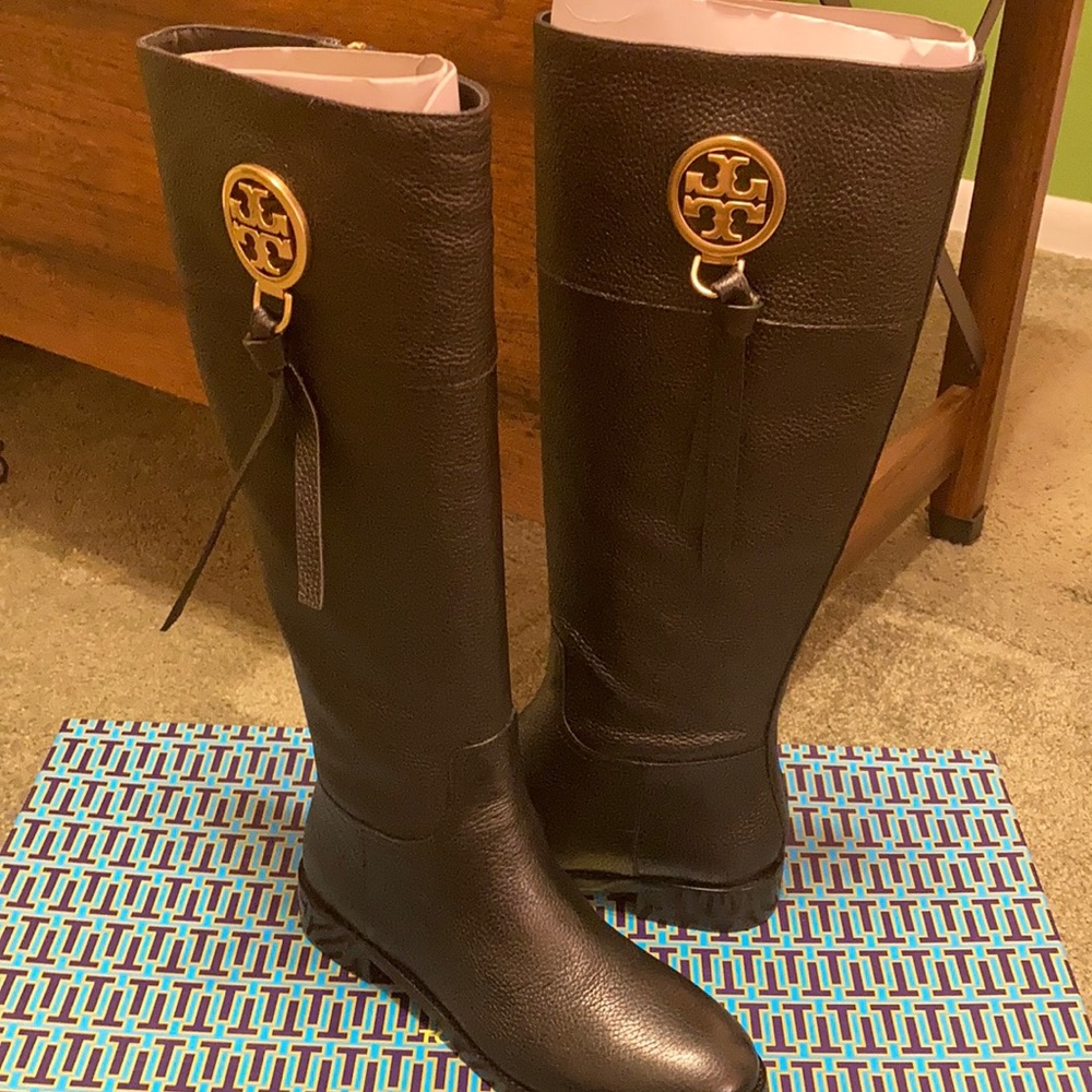 Tory Burch tall Black grain leather boot.